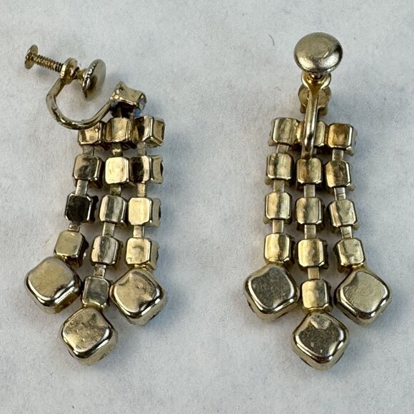 VTG Aurora Borealis Rhinestone Dangle Screw Back Earrings Gold Tone Multi-Row - Picture 4 of 8